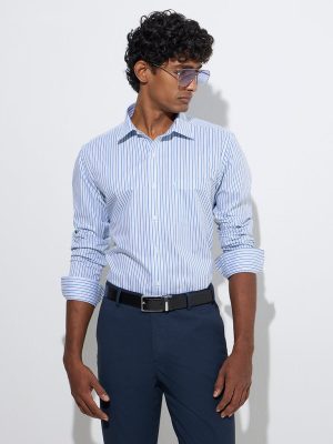 WES Formals Blue Stripe Patterned Slim-Fit Cotton Shirt