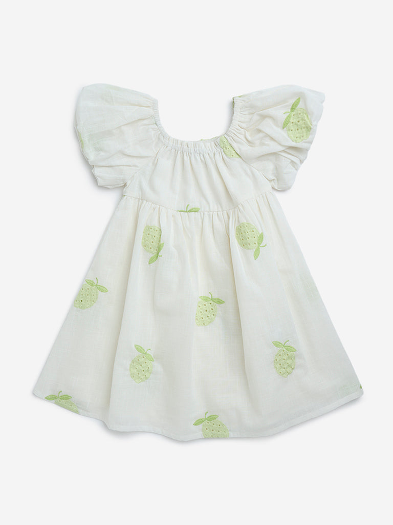 HOP Kids Off-White Fruit Detailed A-Line Cotton Dress