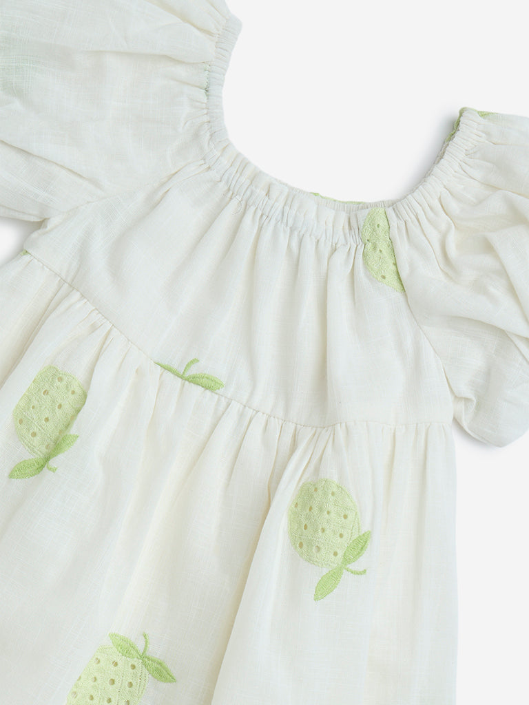 HOP Kids Off-White Fruit Detailed A-Line Cotton Dress - Image 3