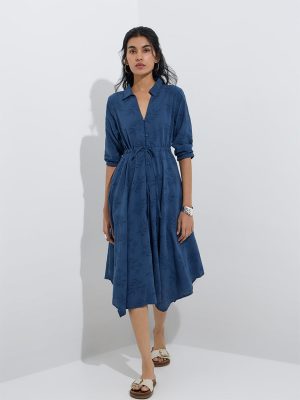 Bombay Paisley Blue Leaf Pattern Cotton Asymmetric Dress