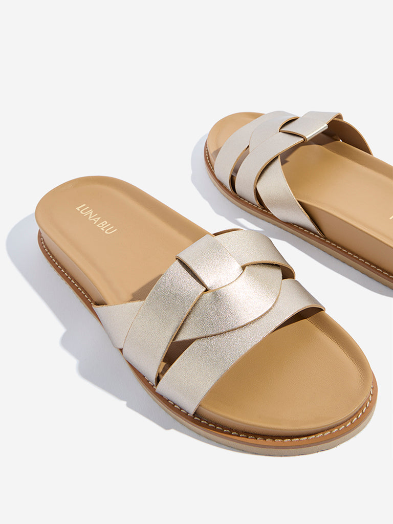 LUNA BLU Light Gold Criss-Cross Detailed Comfort Sandals - Image 3