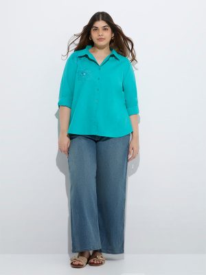 Gia Aqua Floral Embroidered Cotton-Blend Shirt