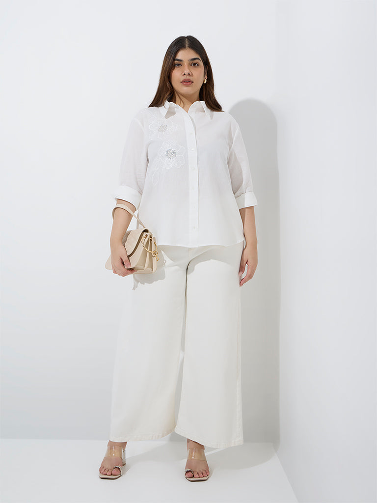 Gia White Floral Embroidered Cotton-Blend Shirt