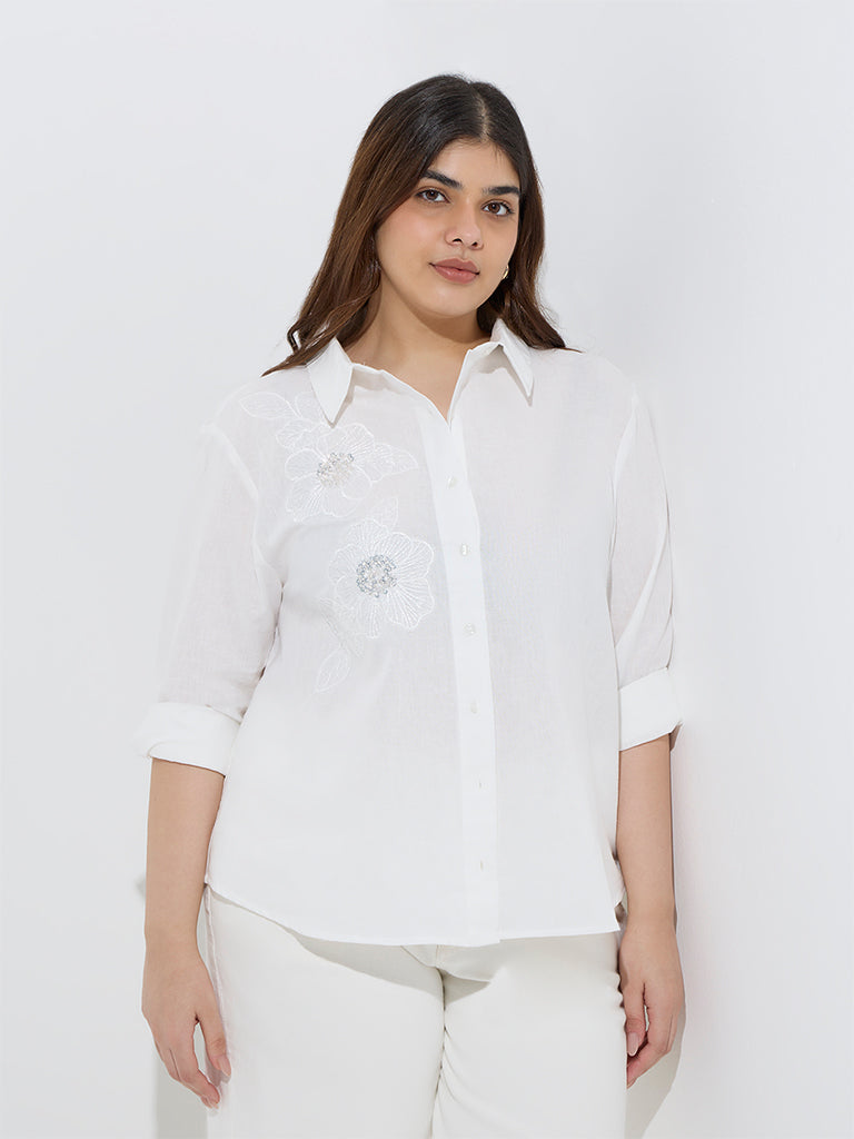 Gia White Floral Embroidered Cotton-Blend Shirt - Image 2