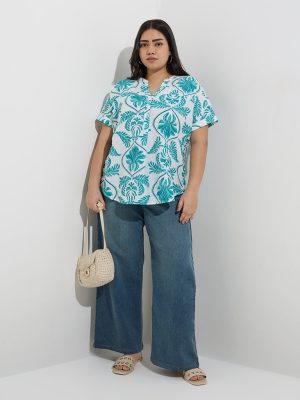 Gia Aqua Botanical Pattern Blouse