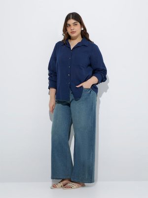 Gia Navy Seersucker Striped Cotton Shirt