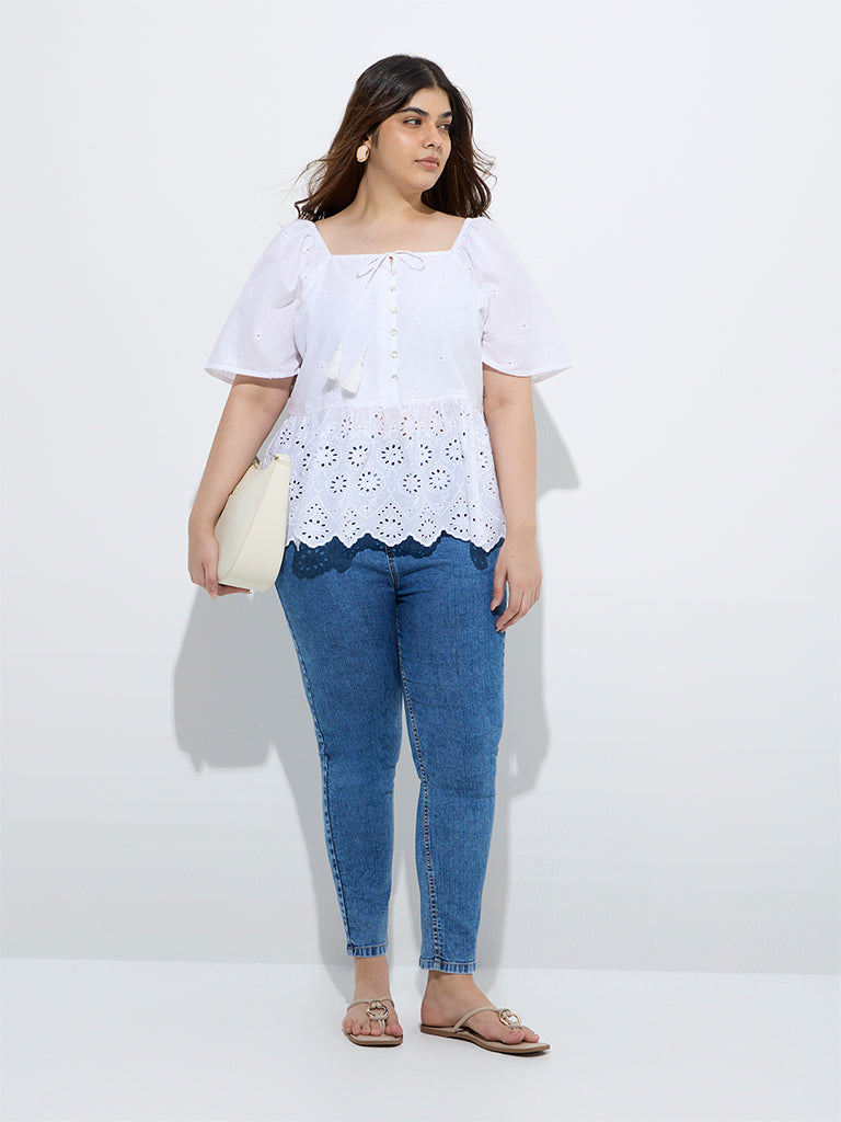 Gia White Schiffli Detailed Cotton Peplum Top - Image 2