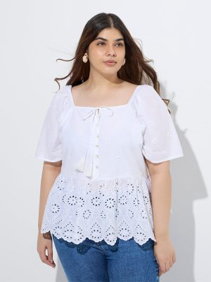 Gia White Schiffli Detailed Cotton Peplum Top