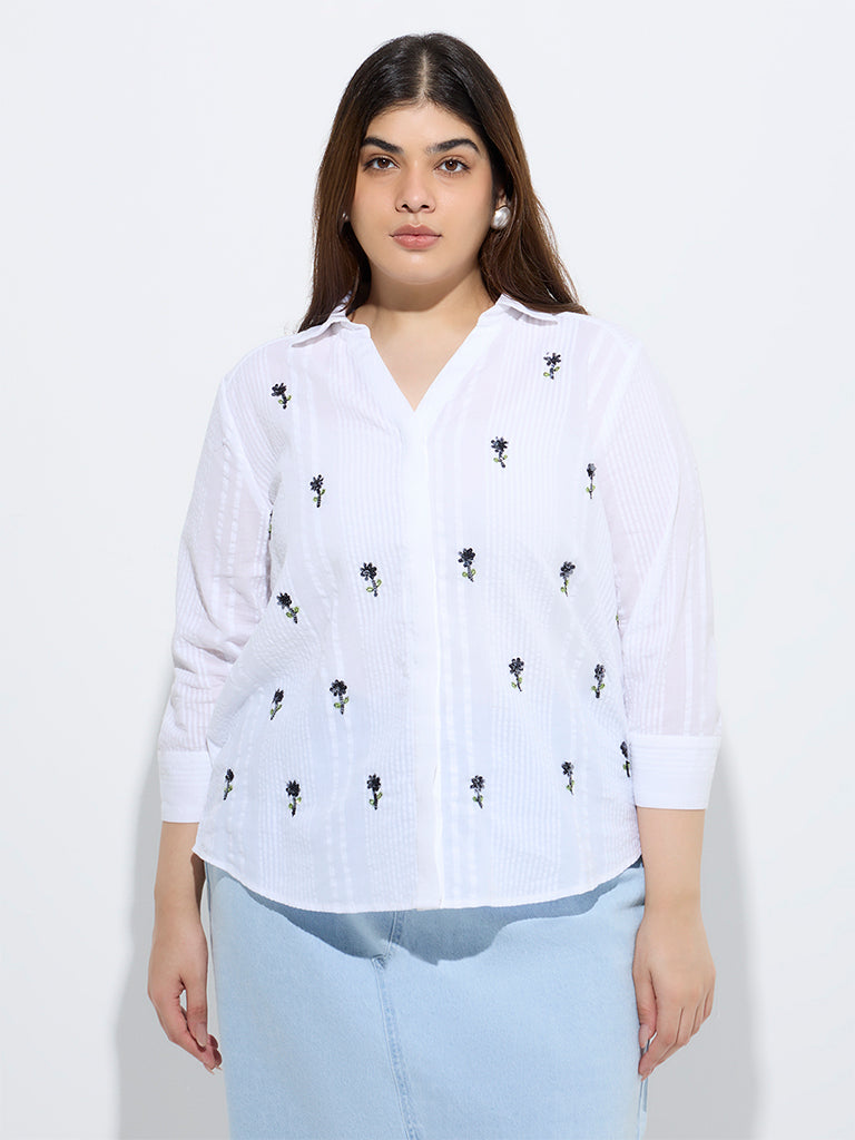 Gia White Floral Embellished Cotton Blouse - Image 2
