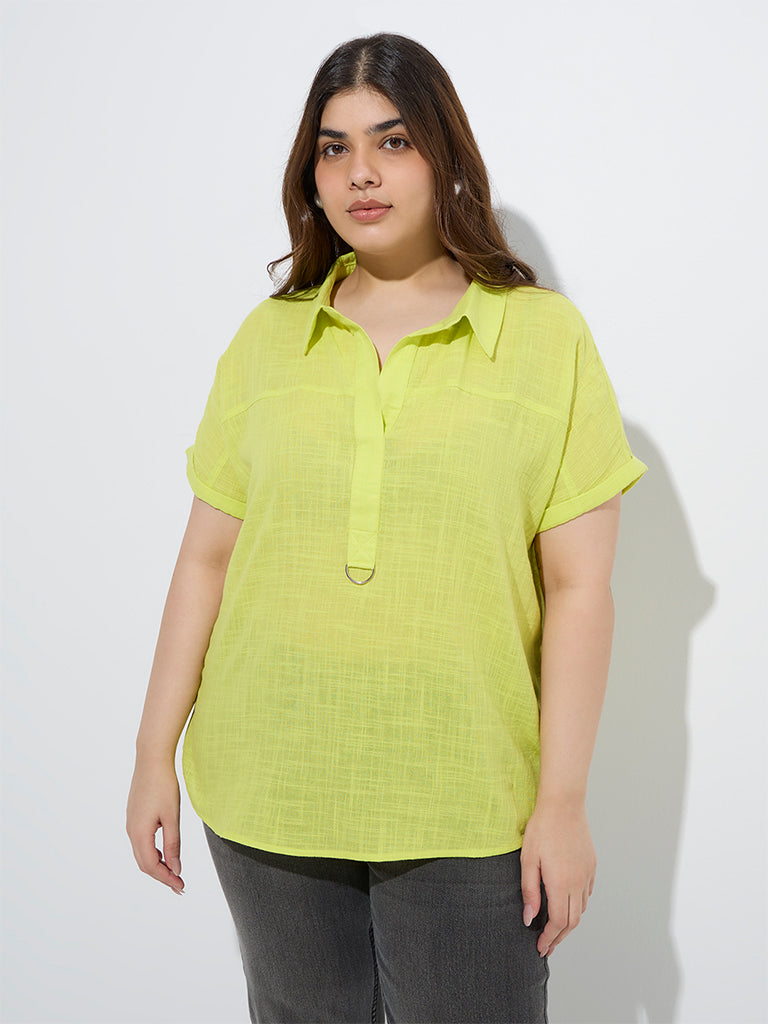 Gia Lime Solid Cotton Blouse - Image 2