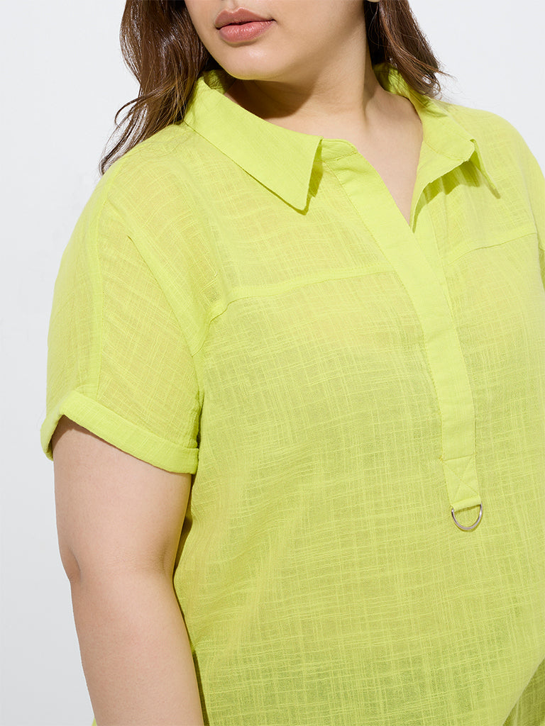 Gia Lime Solid Cotton Blouse - Image 3