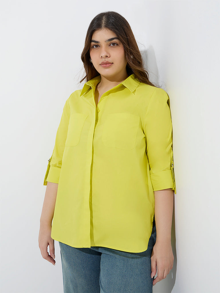 Gia Lime Solid Cotton Shirt - Image 2