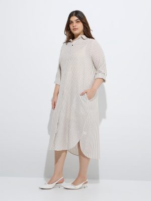 Gia Beige Stripe Printed Cotton Shirt Dress