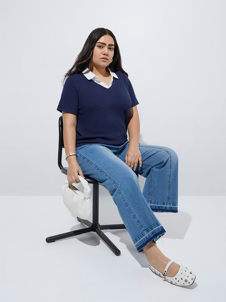 Gia Navy Ribbed-Textured T-Shirt