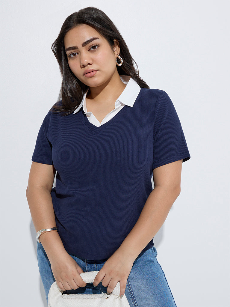 Gia Navy Ribbed-Textured T-Shirt - Image 2