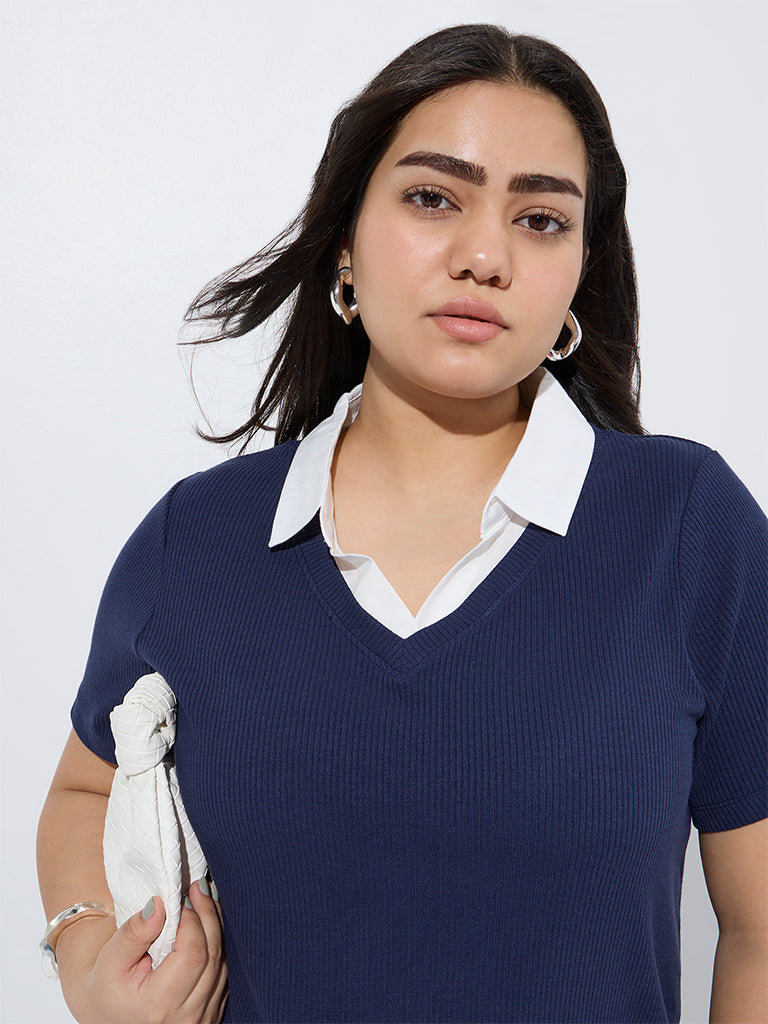 Gia Navy Ribbed-Textured T-Shirt - Image 3