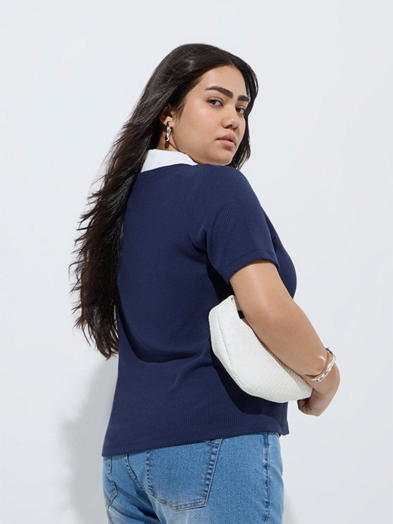 Gia Navy Ribbed-Textured T-Shirt - Image 4