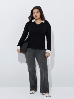 Gia Black Ribbed-Textured T-Shirt