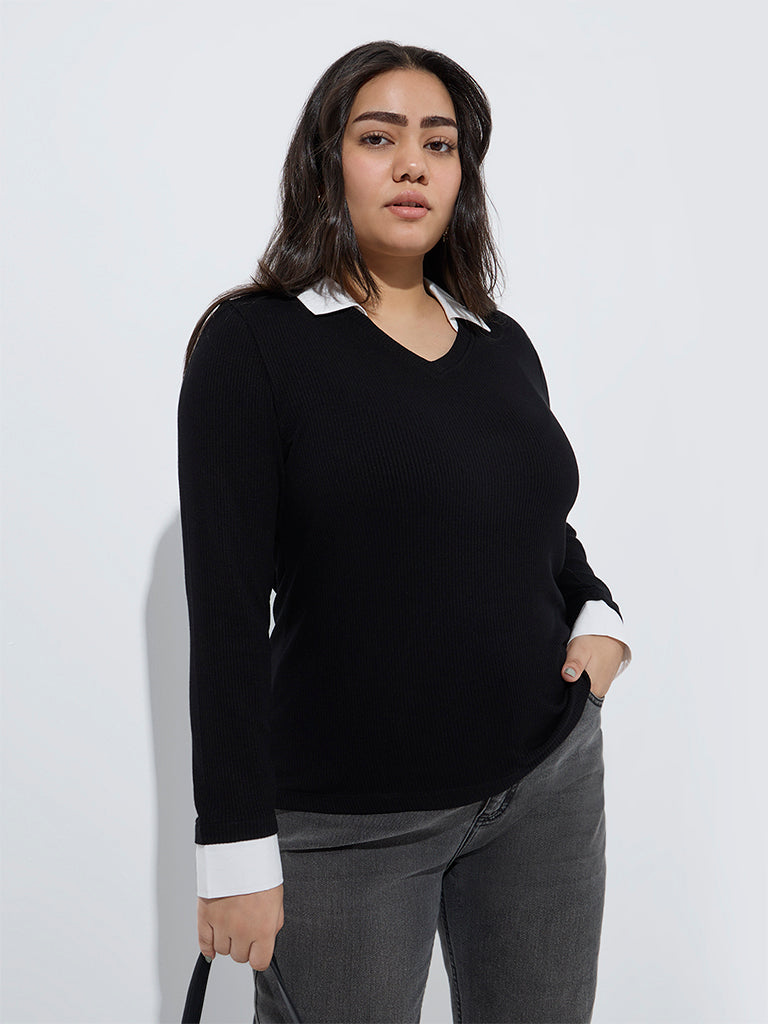 Gia Black Ribbed-Textured T-Shirt - Image 2