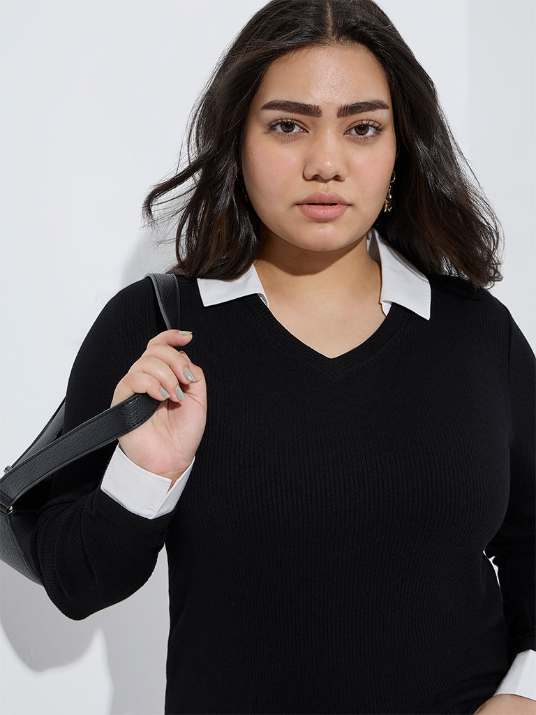 Gia Black Ribbed-Textured T-Shirt - Image 3