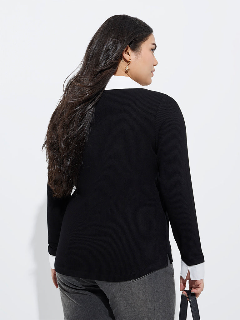 Gia Black Ribbed-Textured T-Shirt - Image 4