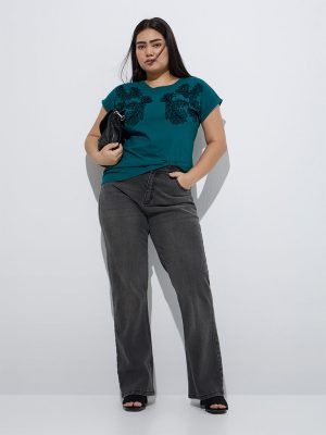 Gia Teal Leaf Design Cotton T-Shirt