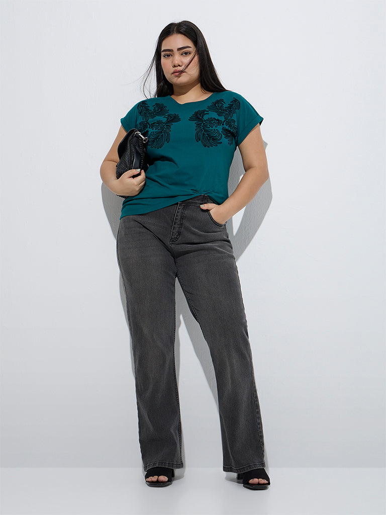 Gia Teal Leaf Design Cotton T-Shirt