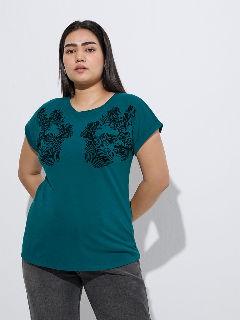 Gia Teal Leaf Design Cotton T-Shirt - Image 2