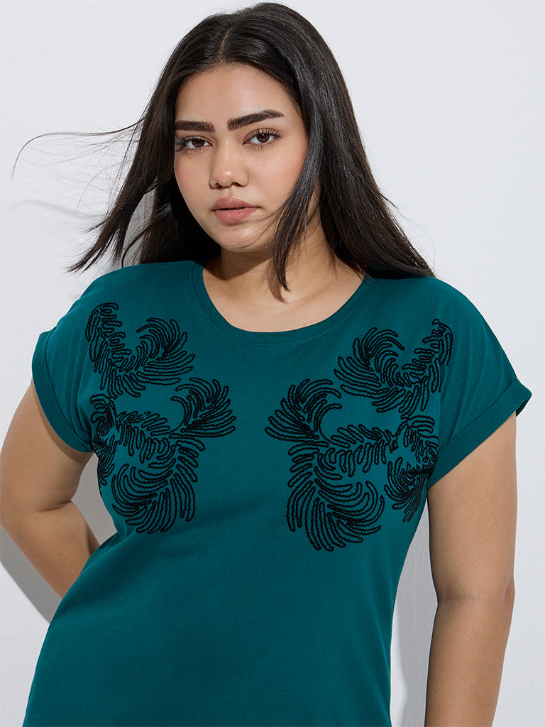 Gia Teal Leaf Design Cotton T-Shirt - Image 3