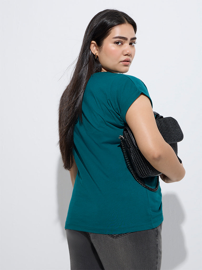 Gia Teal Leaf Design Cotton T-Shirt - Image 4