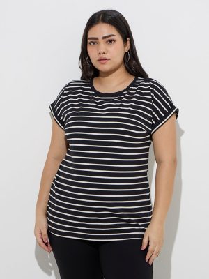 Gia Black Stripe Printed Cotton T-Shirt