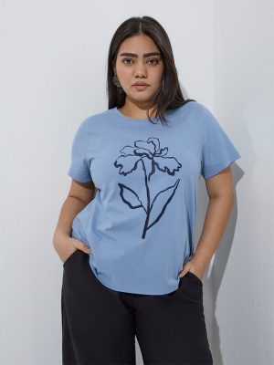 Gia Light Blue Floral Printed Cotton T-Shirt