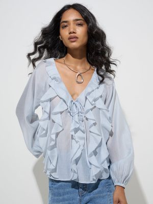 LOV Light Blue Ruffle Detailed Cotton-Blend Top