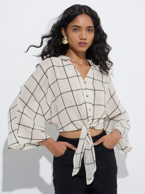 LOV Beige Checkered Cotton Blouse