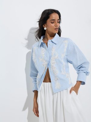 LOV Blue Striped Floral Laced Cotton Shirt