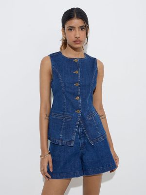 LOV Dark Blue Waist-Coat Style Denim Top