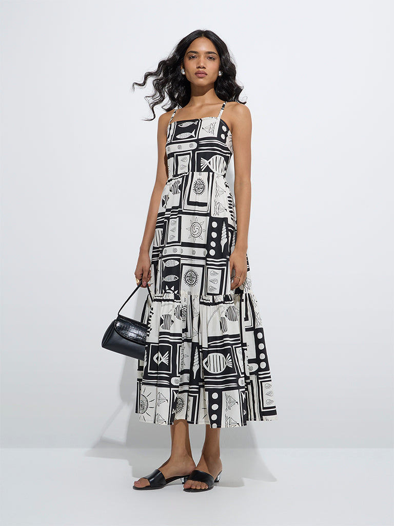 LOV Black Printed Tiered Cotton Dress