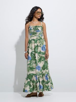 LOV Green Botanical Pattern Tiered Dress