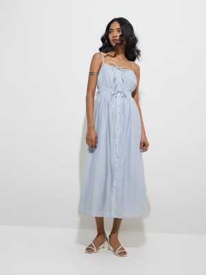 LOV Light Blue A-Line Cotton-Blend Dress