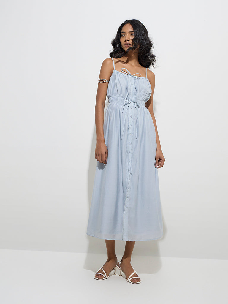 LOV Light Blue A-Line Cotton-Blend Dress