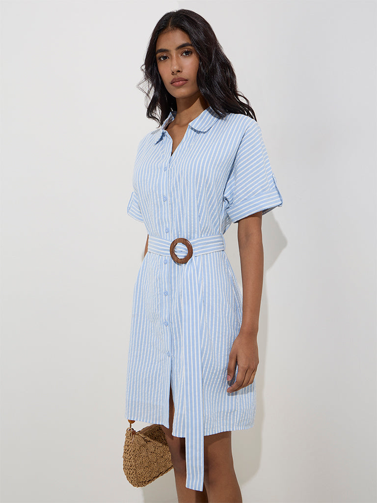 LOV Blue Stripe Printed Shirt Dress with Belt - Image 2