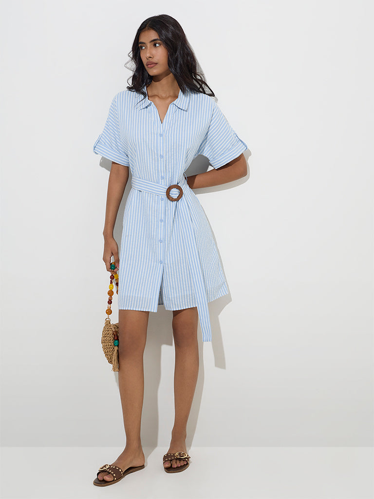 LOV Blue Stripe Printed Shirt Dress with Belt