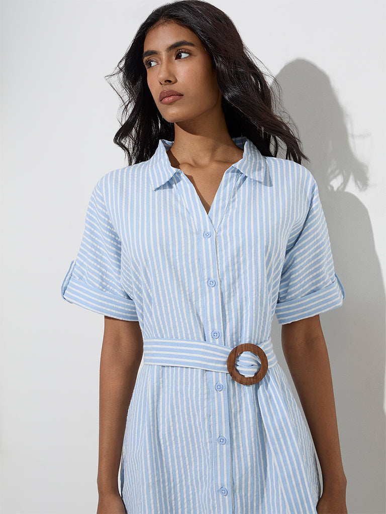 LOV Blue Stripe Printed Shirt Dress with Belt - Image 3