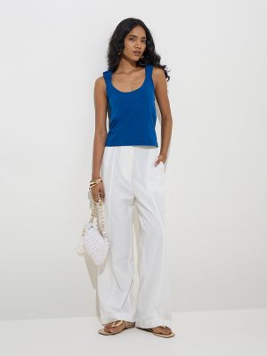 LOV White Solid High-Rise Linen-Blend Trousers