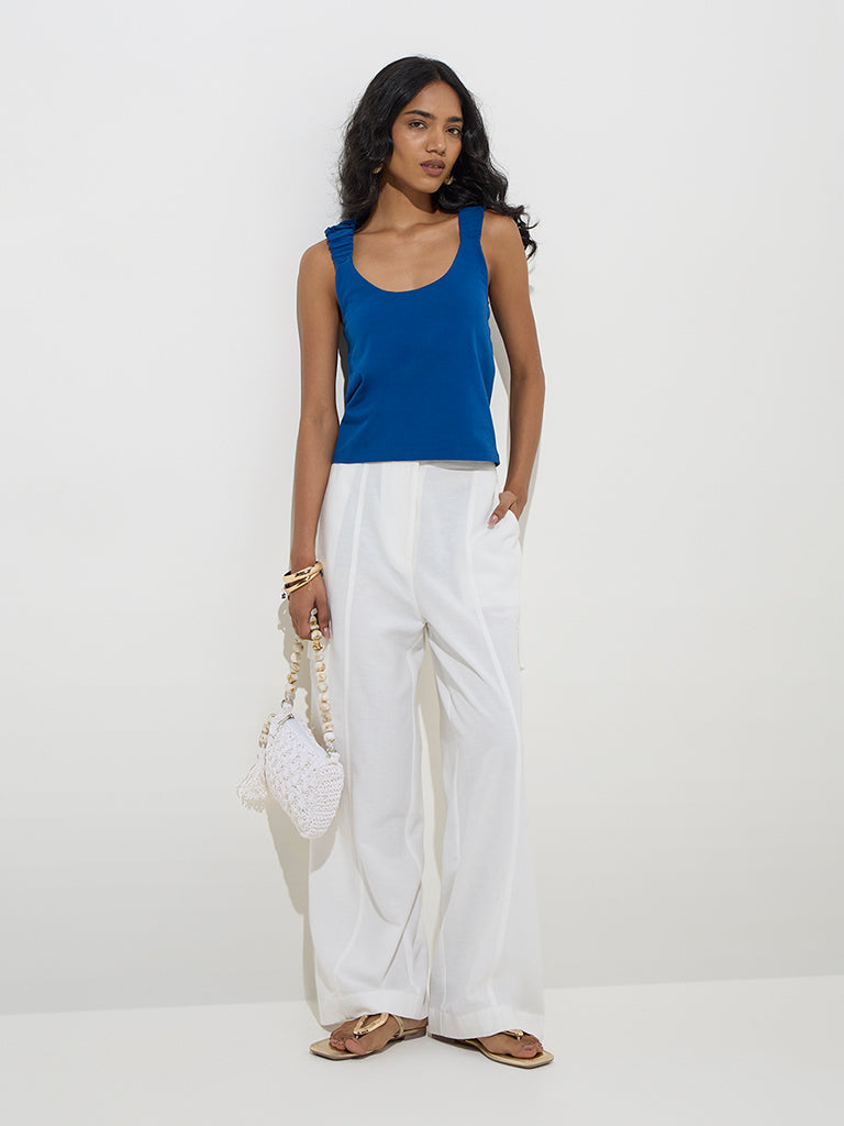 LOV White Solid High-Rise Linen-Blend Trousers