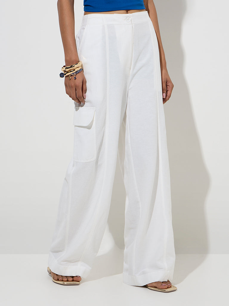 LOV White Solid High-Rise Linen-Blend Trousers - Image 2