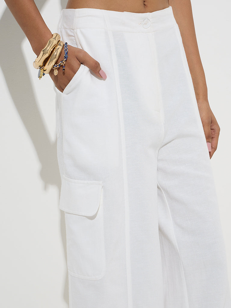 LOV White Solid High-Rise Linen-Blend Trousers - Image 3