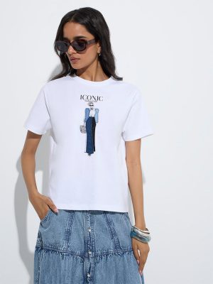 LOV White Printed Cotton T-Shirt
