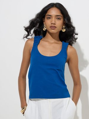 LOV Blue Solid Cotton Top