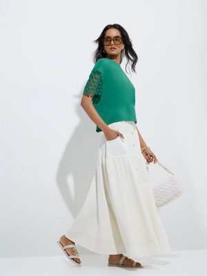 LOV Green Floral Lace Cotton T-Shirt